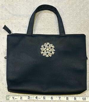 Black Satin Evening Bag with Rhinestone Floral Brooch, Zip Top & Hot Pink Lining
